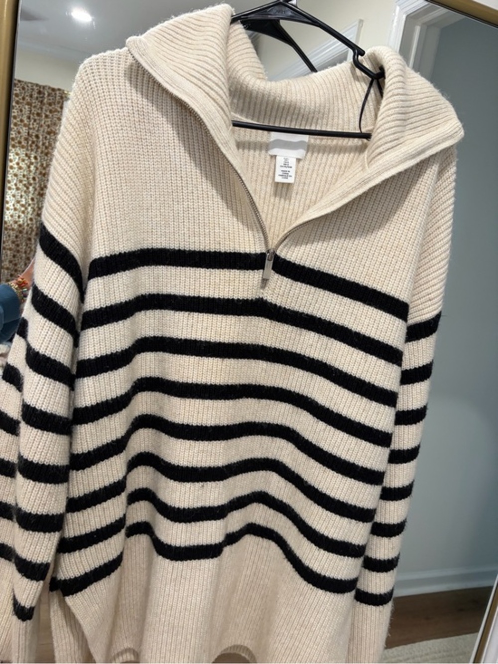 H&M Cream and Black Striped Half-Zip Turtleneck Sweater